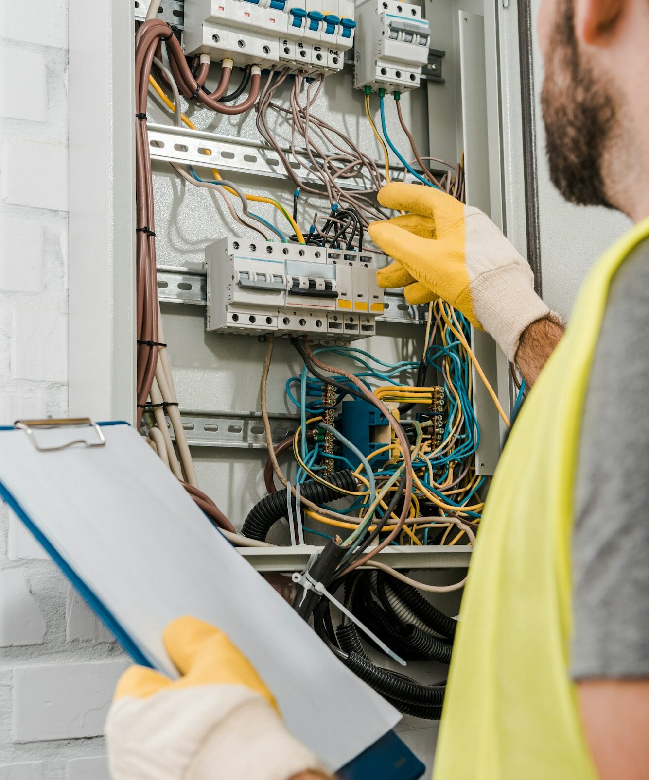 cropped image of electrician holding clipboard and inspecting electrical box in corridor